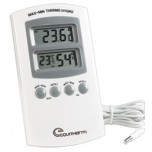 Termohigrômetro digital com medições de temperaturas interna e externa (ambientes) e umidade relatativa.